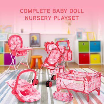 Dolls To Play Baby Doll Stroller Bed and Seat Nursery Playset, Accessories Furniture Set High Chair Diaper Bag Role Play Deluxe