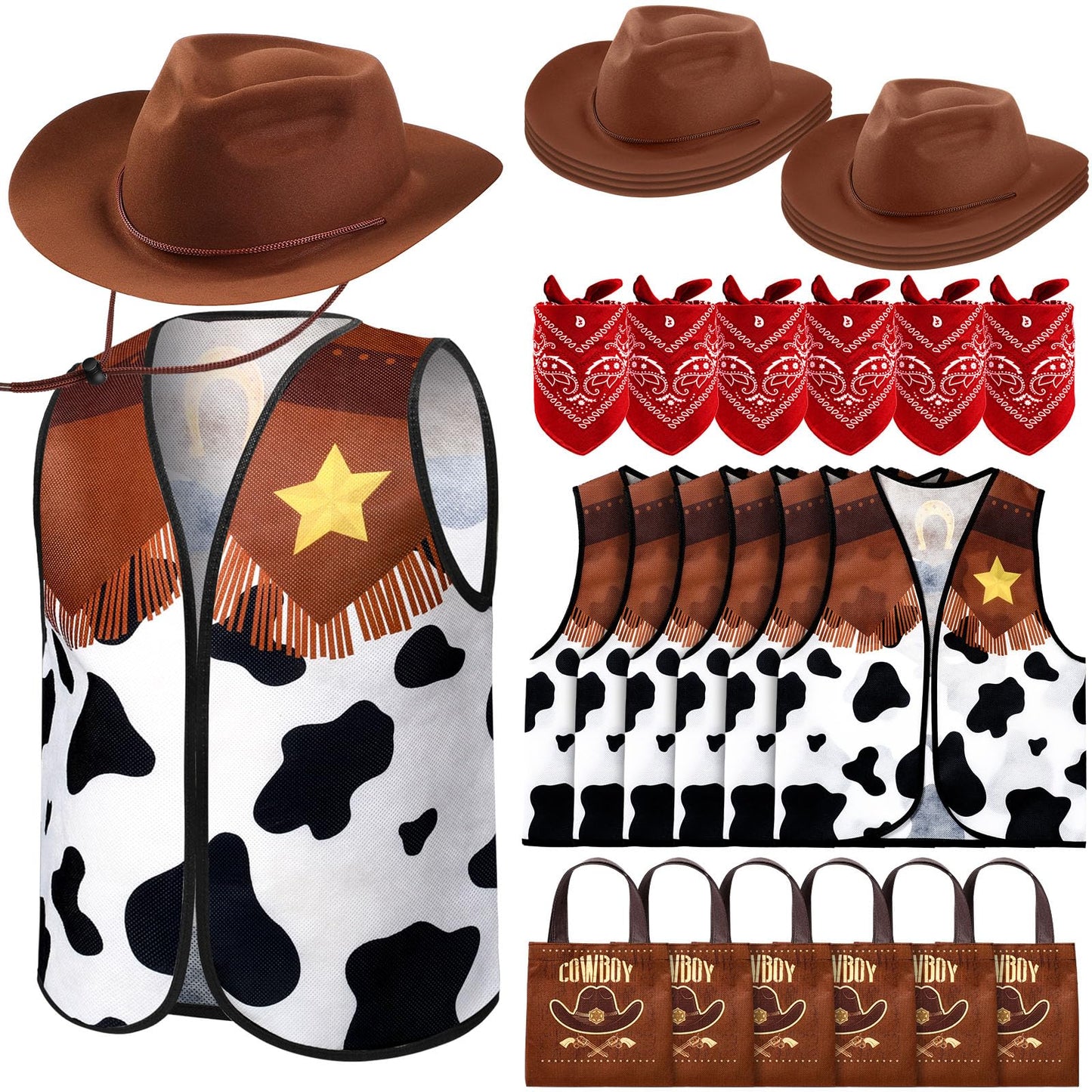 Toulite 24 Pcs Cowboy Cowgirl Hats Pack Cowboy Costume Outfit Include 6 Hats 6 Vest 6 Bandanas 6 Bags for Kids Party(Brown)