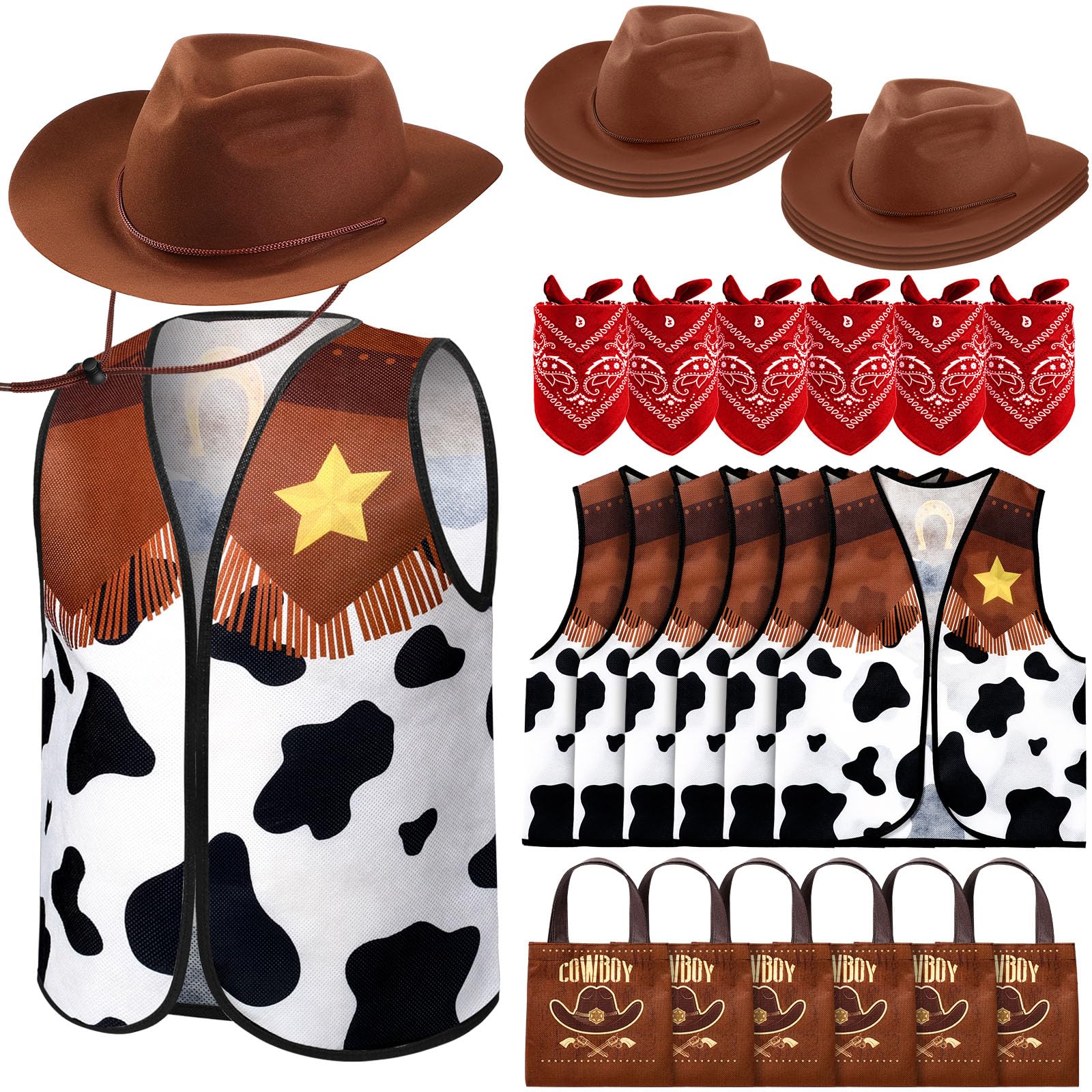 Toulite 24 Pcs Cowboy Cowgirl Hats Pack Cowboy Costume Outfit Include 6 Hats 6 Vest 6 Bandanas 6 Bags for Kids Party(Brown)