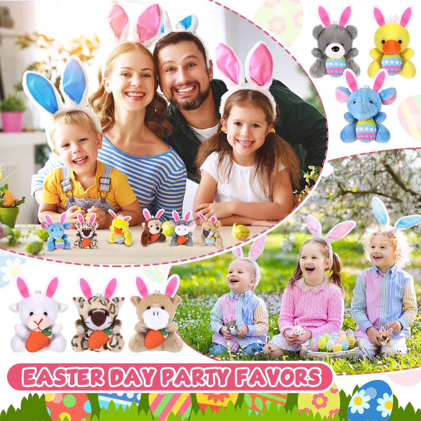 Blueweenly 24 Pcs Easter Mini Animal Plush Toy Set Small Stuffed Animal Bulk with Easter Eggs Bunny Ear Small Plush Keychain for