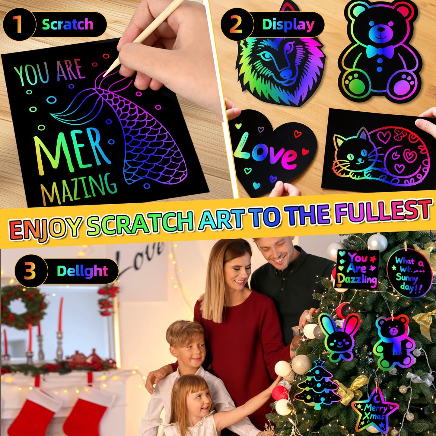 GLCSC 60 Pcs Scratch Art for Kids, Rainbow Scratch Paper, Black Magic Scratch Off Craft Set for 3 4 5 6 7 8 9 10 Years Old Girls