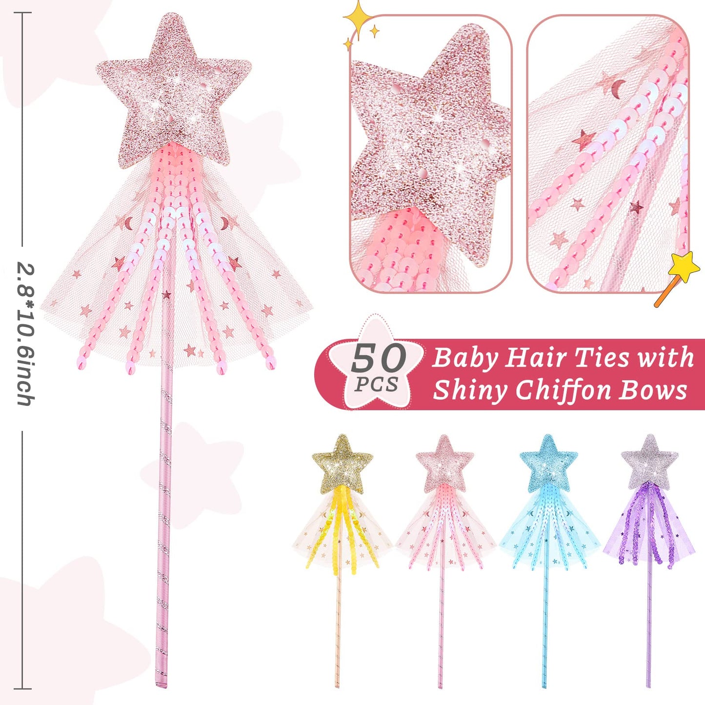 Honoson Glitter Star Magic Wand Princess Wand Fairy Wand Angel Star Wand Stick with Ribbon for Girl Kid Birthday Wedding Princes