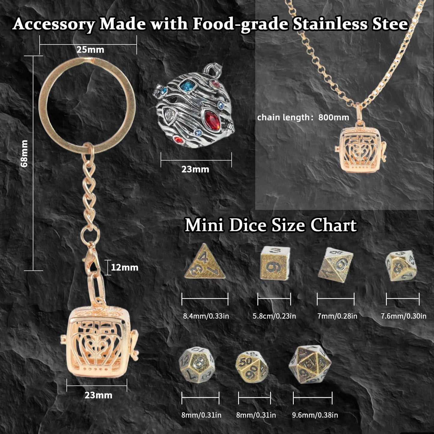 Xqidian Mini Dice Set With Copper Hollow Crown Necklace Dice Case Antique Tiny Small Metal Dnd Dice Set D&D Portable 7Pcs Keycha