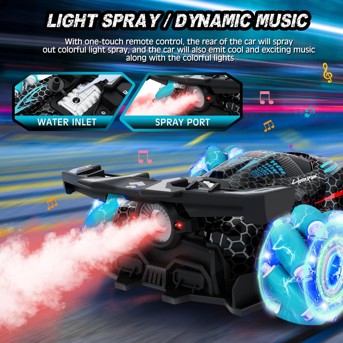Rc Stunt Car, Gesture Sensing Rc Cars For Boys Girls, 2.4Ghz 4Wd Remote Control Car With 360 Rotating, Lights, Music, Spray, Toy