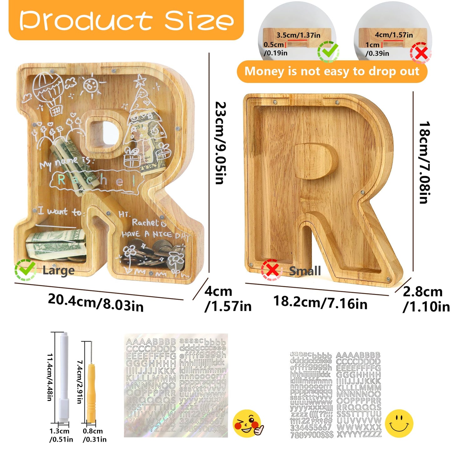 weallbuy Large Letter Piggy Bank for Kids Boys Girls Wooden Personalized Piggy Banks A-Z with Target Area Clear Alphabet Banknote Coin Banks for Gift Decoration Baptism (R)