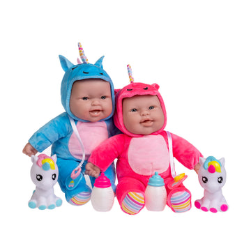 JC Toys Lots to Cuddle 12" Twin Baby Dolls Set - Soft Unicorn Theme, Pink & Blue, Washable, Includes Unicorns & Bottles, Model 35314