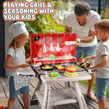 2025 Kids Kitchen Grill Playset Outdoor Toy for Toddler BBQ with Smoke Light Outside Toy Pretend Play Kitchen Food Set Interacti