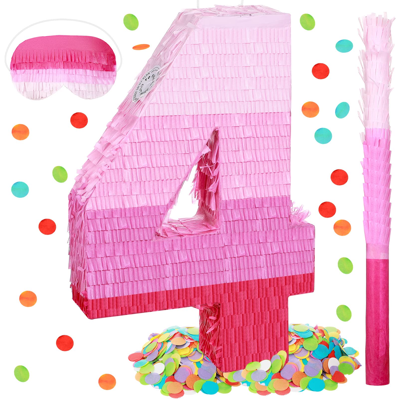 Number Pinata Number Birthday Pinata Decorations Gradient Pink Pinata With Stick Blindfold Confetti For Girls Boys Birthday Anniversary Party Decorations Supplies (Number 4)
