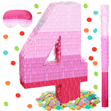 Number Pinata Number Birthday Pinata Decorations Gradient Pink Pinata With Stick Blindfold Confetti For Girls Boys Birthday Anniversary Party Decorations Supplies (Number 4)