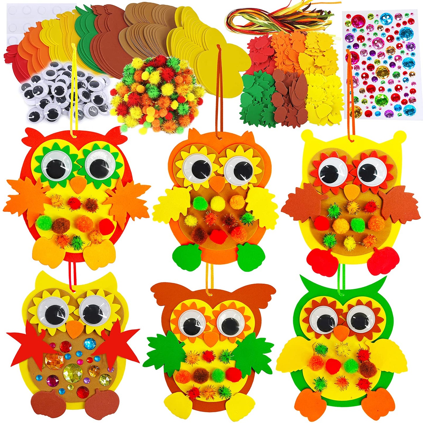 Winlyn 24 Sets Foam Owl Decorations DIY Fall Craft Kit With Autumn Leaves, Pumpkins, Googly Eyes, Pom-Poms for Kids Gift Hallowe