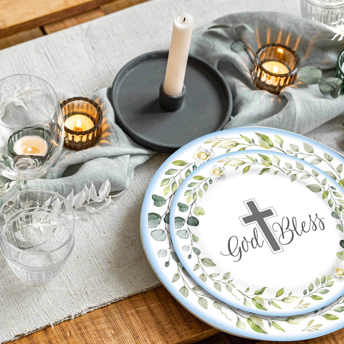LyhongParty First Communion Decorations, First Communion Paper Plates and Napkins (Serves 25), Blue Baptism Plates and Napkins,B