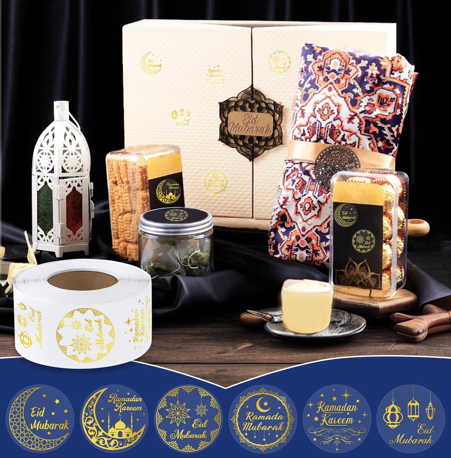 FEBSNOW 600 Pcs Gold Foil Ramadan Eid Mubarak Stickers, Modern Style, Multi-Surface, Paper with Gold Foil, Round, Ramadan Theme,