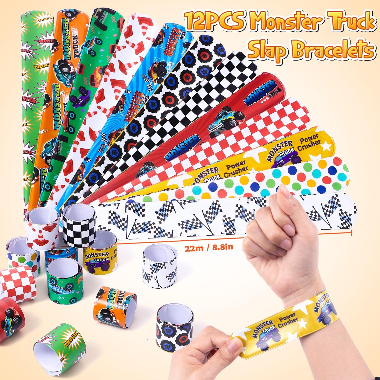 SNLN 98Pcs Monster Truck Party Favors Birthday Supplies for Boys Kids, Bubble Wands Drinking Straws Slap Bracelets Keychains Sti