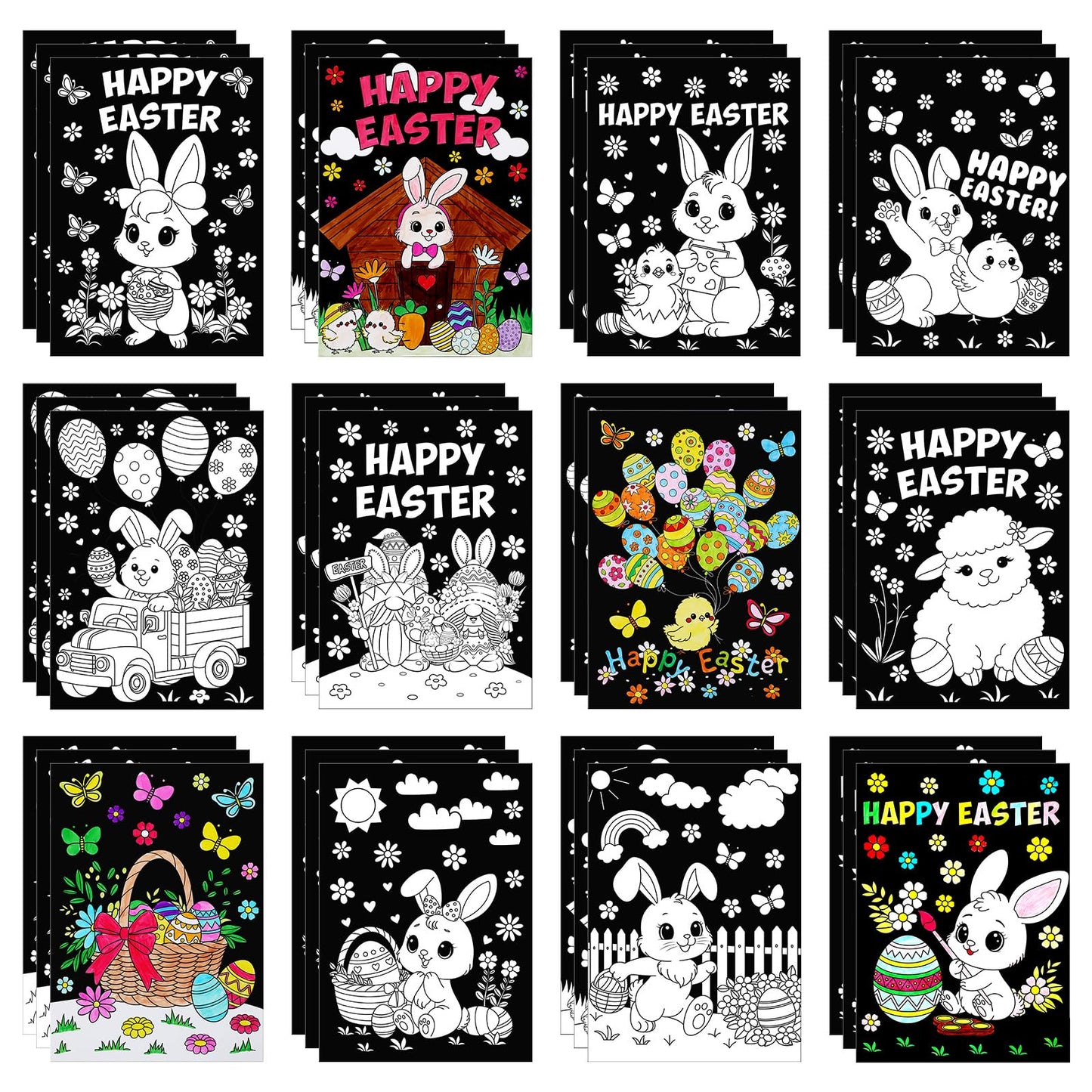 Zhanmai 30 Pcs Easter Day Coloring Posters Easter Eggs DIY Spring Easter Day Crafts Bulk Color Your Own Posters Bunny Basket Car