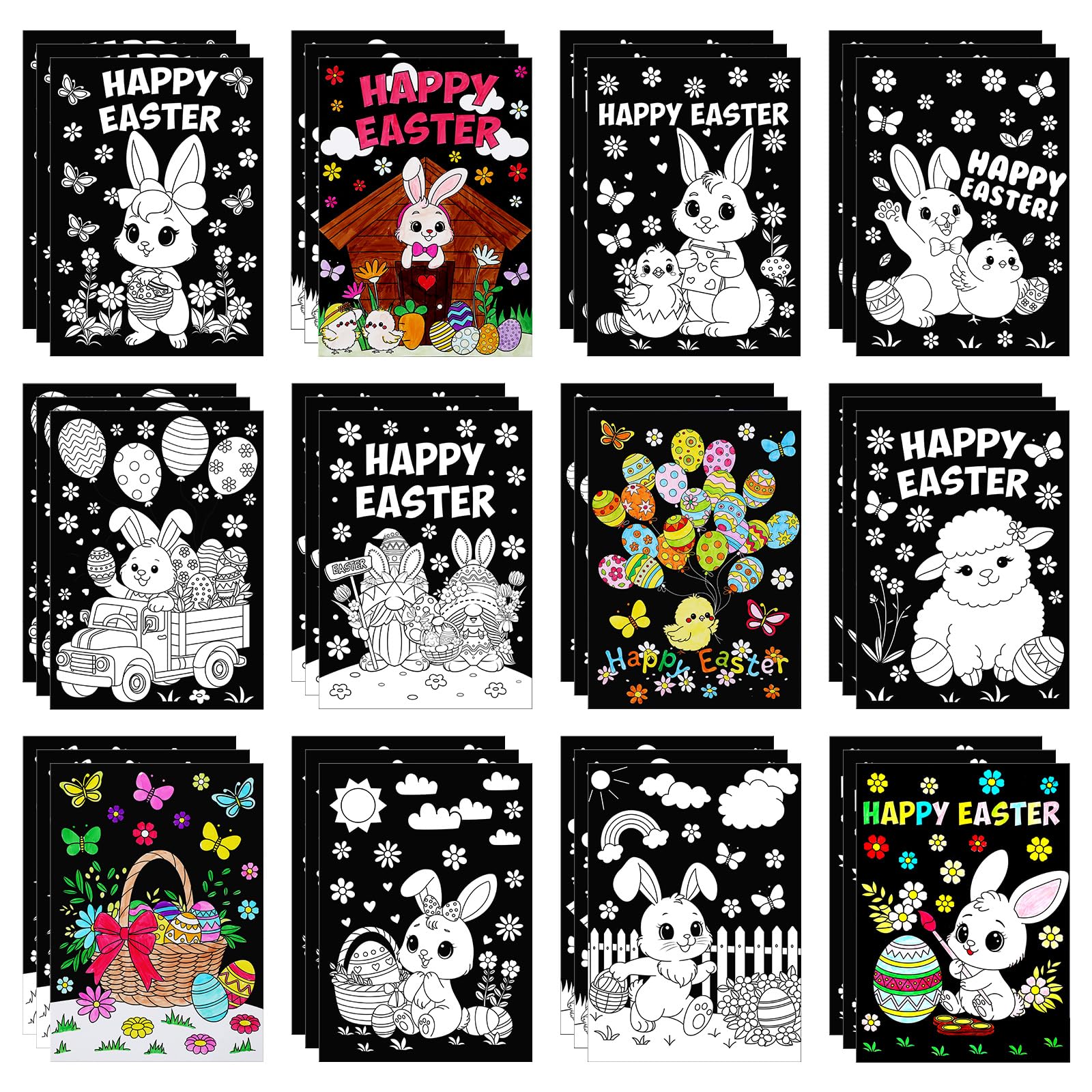 Zhanmai 30 Pcs Easter Day Coloring Posters Easter Eggs DIY Spring Easter Day Crafts Bulk Color Your Own Posters Bunny Basket Car