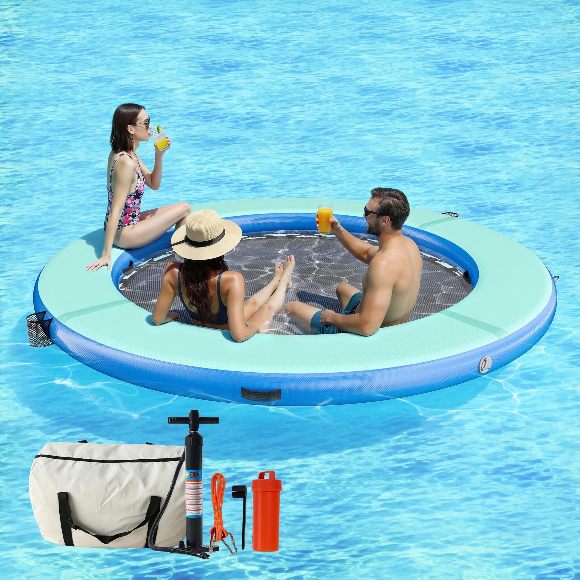 SPECRAFT 8FT Inflatable Water Hammock Round Floating Dock with Mesh, Tanning Pool Floating Rafts for Adults, Inflatable Raft Flo