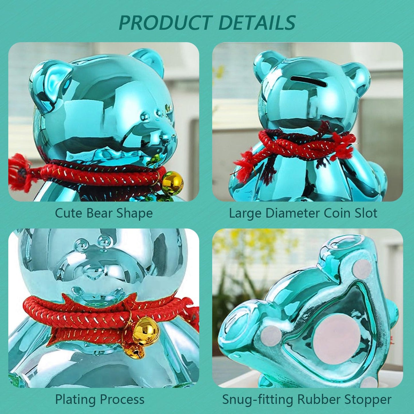 SOBEIT 7.36inch Bear Piggy Bank | Cute Bear Coin Bank | Shiny Plating Craftsmanship | Meticulous Details | Ceramic Bear Money Bank for Kids Girls Boys mature-themed(Blue/6.88 L x 5.62 W x 7.36 H)