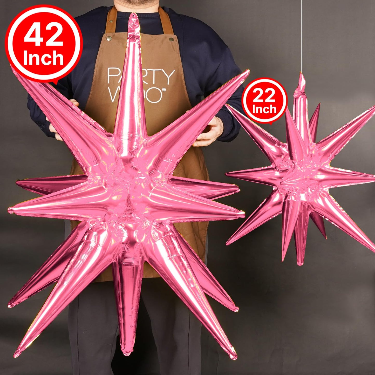 Partywoo Pink Star Balloons, 2 Pcs 42 Inch Large 14-Pointed Starburst Balloons, One-Piece Star Explosion Balloons With Ribbon, Point Star Foil Balloons, Mylar Balloons For Birthday Party Decorations