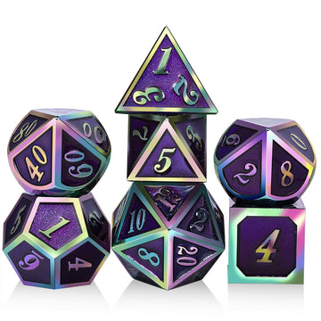 Purple Metal Dice Set D&D, DNDND 7 Die Enamel Polyhedral DND Dice Set with Metal Tin for Dungeons and Dragons and Role Playing G