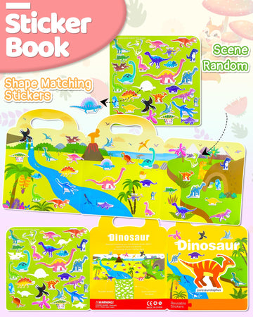 Benresive Reusable Sticker Books For Kids 2-4, Sticker Books For Toddlers 1-3, Toddler Sticker Book Age 2-4, Toddler Travel Toys Activities Crafts Gifts - Dinosaur Sticker Book
