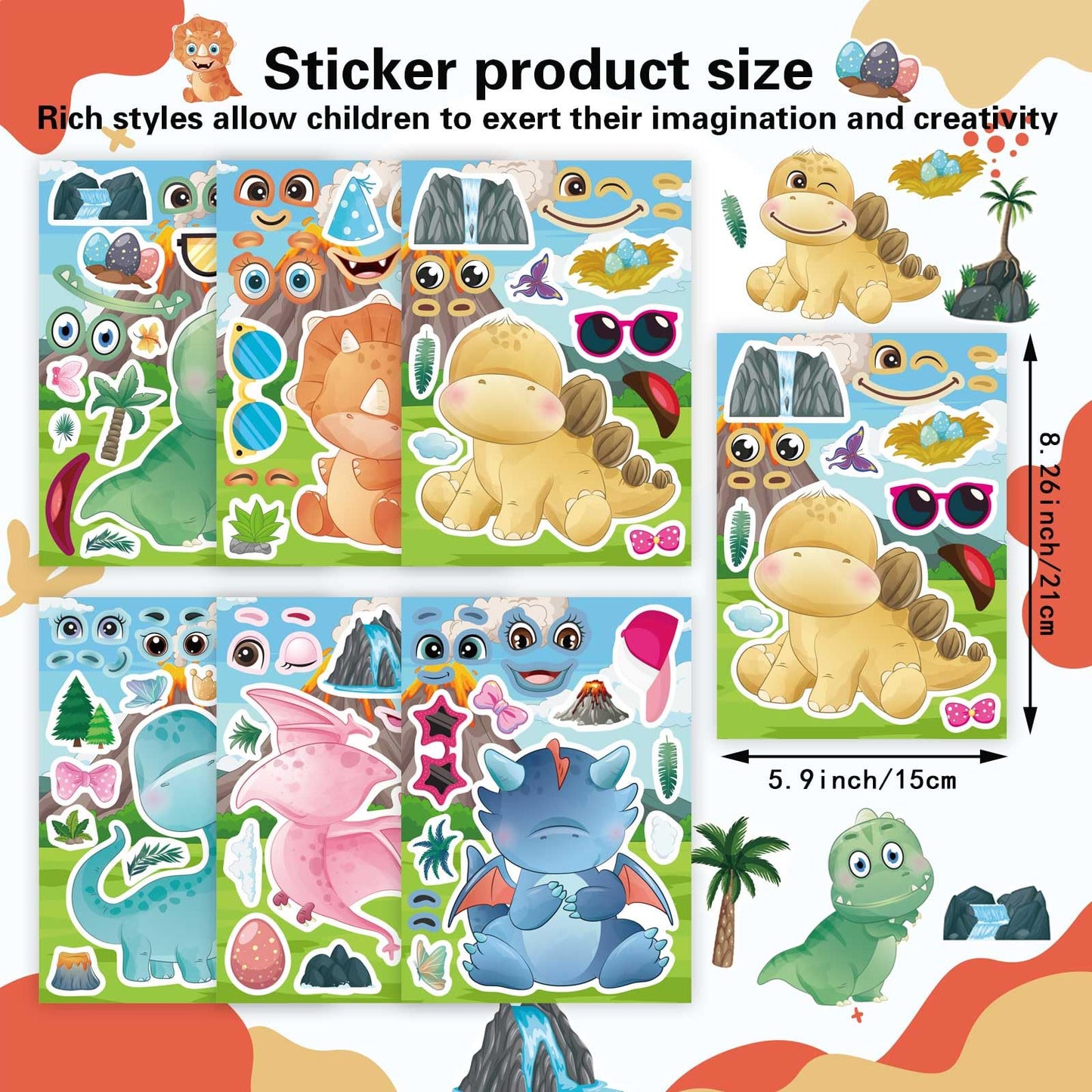 24 Sheets Cute Dinosaur Stickers For Kids Toddler Make-A-Face Stickers Make Your Own Dinosaur Stickers Dinosaur Birthday Party F