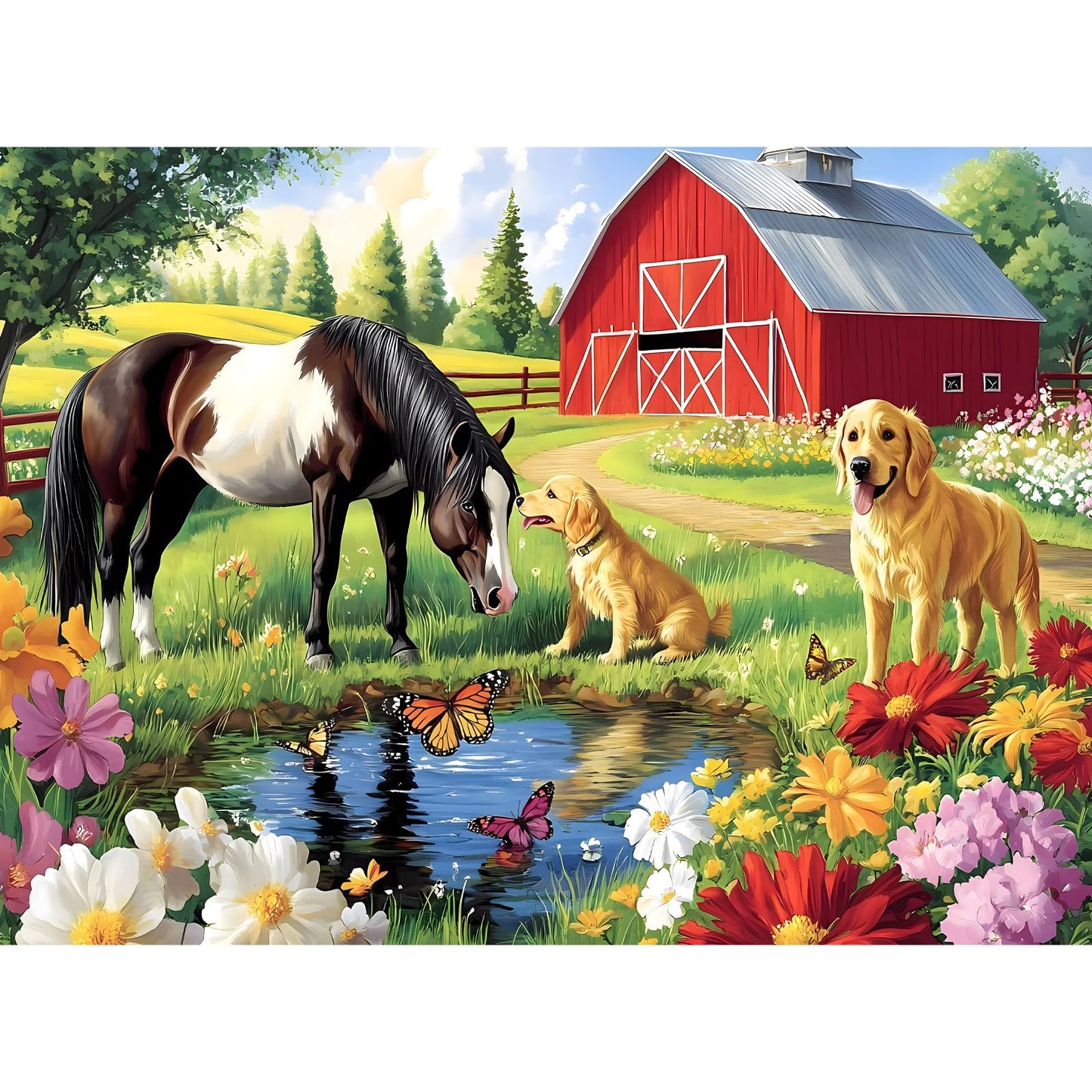 300 Piece Puzzle for mature-themeds  Golden Retriever Horse on Farm Scenic Landscape Jigsaw Puzzle  Jigsaw Puzzles for mature-themed 300 Piece  Challenging Yet Relaxing 300 Pieces Puzzle Game for Kids mature-themeds Seniors