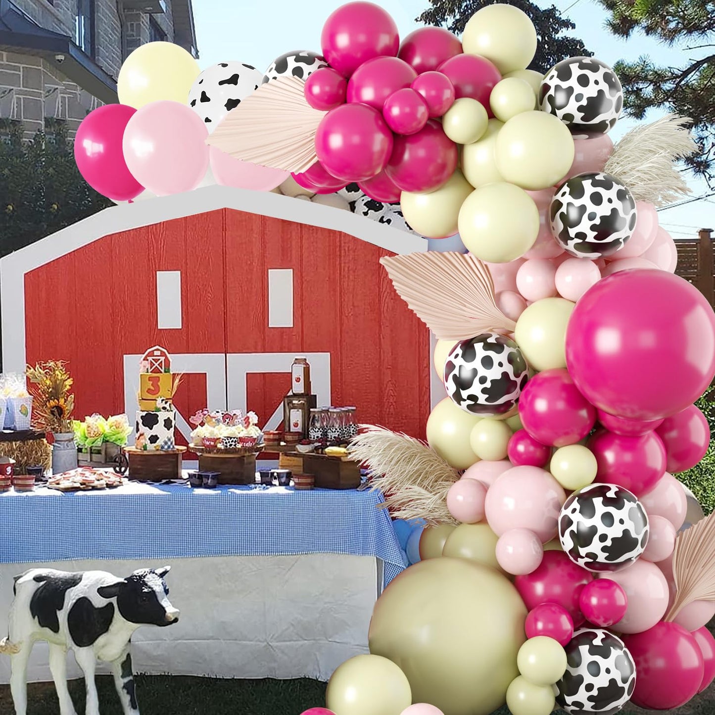 Gresatek Cowgirl Pink Balloon Garland Arch Kit, Rose Red Macaroon Yellow Balloons Decorations With Cow Printed Latex For Girls B