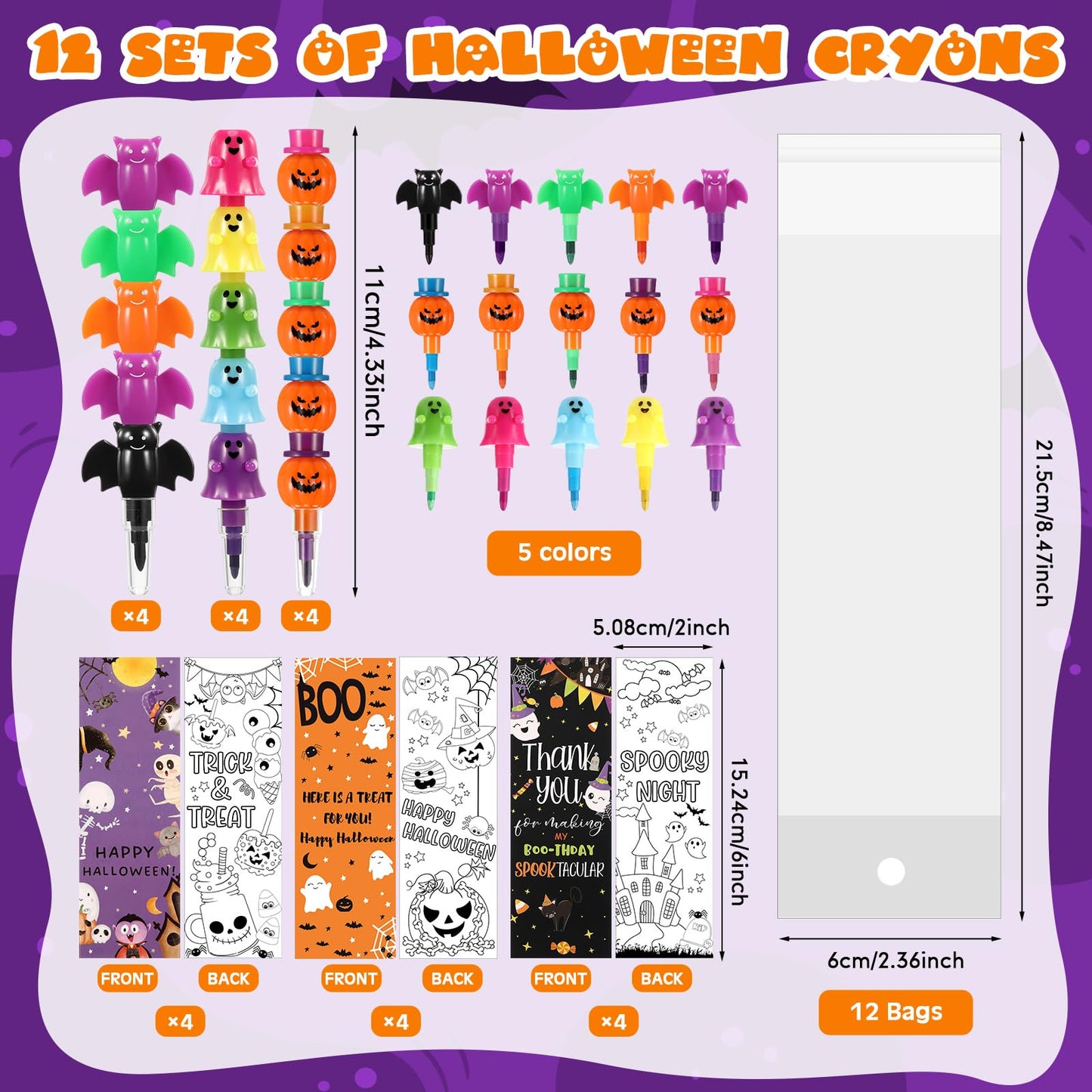 MotiMind 12 Set Halloween Crayons Party Favors Bat Pumpkin Ghost Stackable Crayons with Drawable Cards Kids Halloween Party Gift