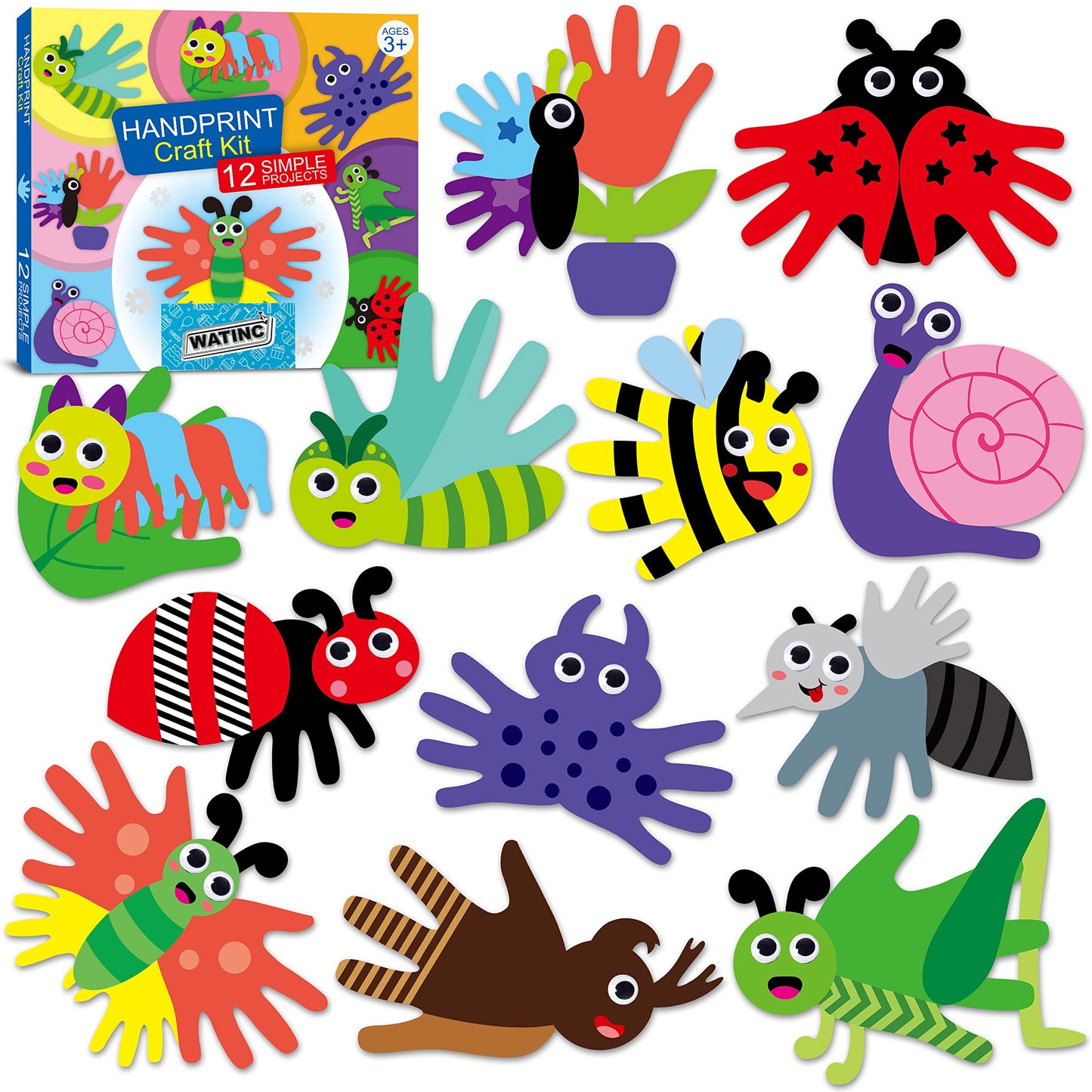 WATINC 12Pcs Spring Insect Handprint Art Craft Bug Crafts Butterfly Dragonfly Summer Springtime DIY Bug Kit Animal Themed Art Su