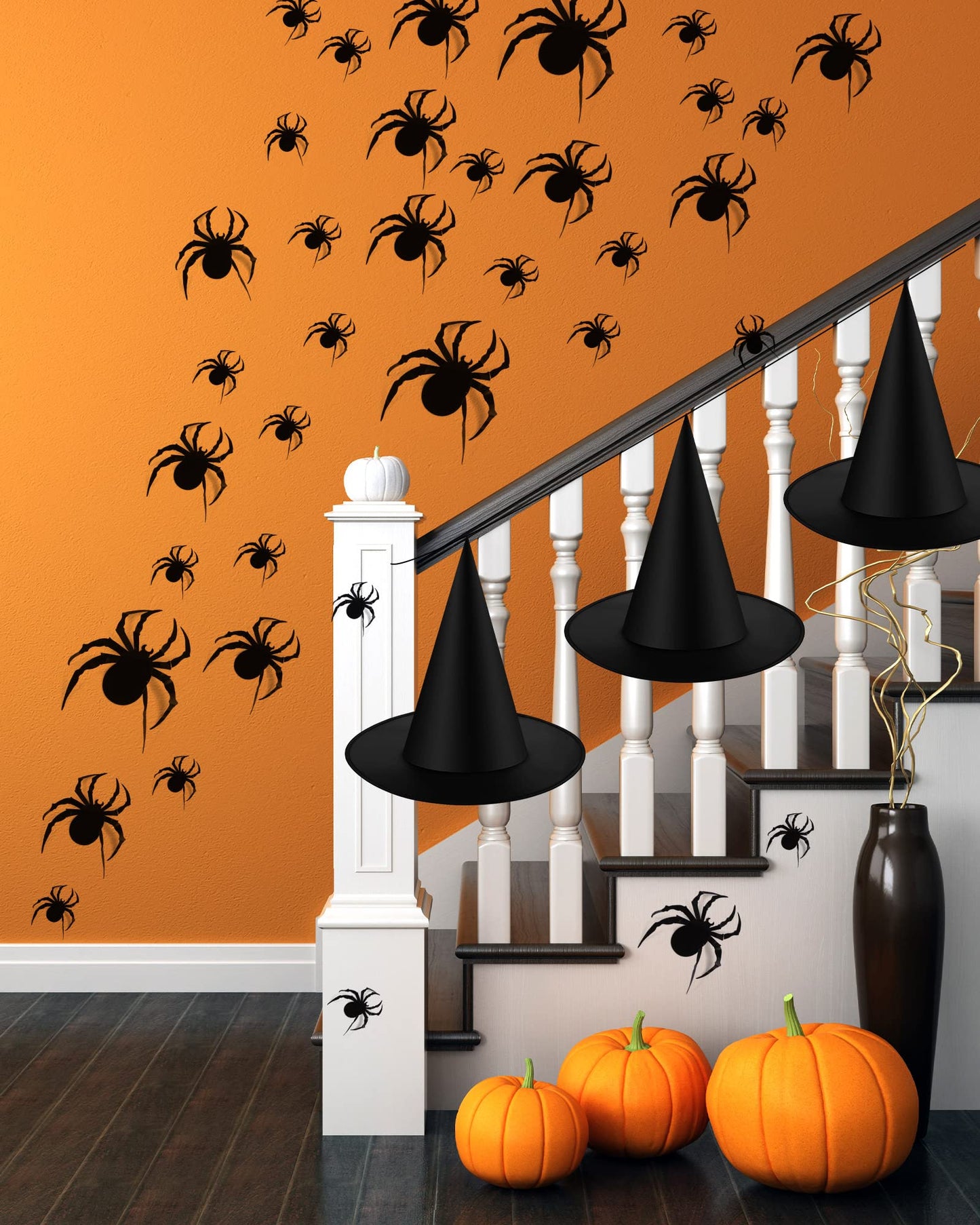 Sumind Halloween Decorations 6 Pcs Hanging Witch Hats With 60 Pcs 3D Bat Spider Stickers, Witch Costume Accessories Floating Witch Hats Halloween Decor(Spider)