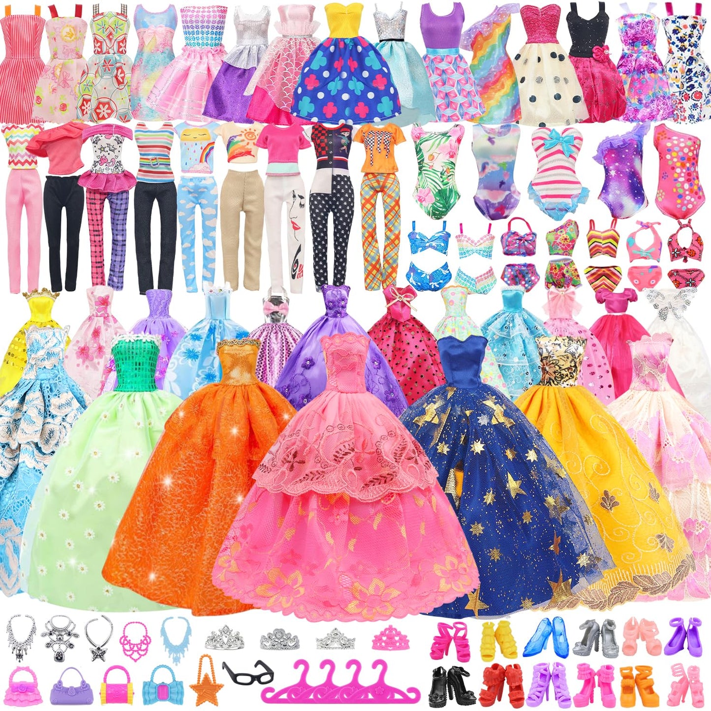 ZITA ELEMENT 101 Pcs Doll Clothes and Accessories Ramdom Style Gift Box Package  5 Wedding Gowns 2 Fashion Dresses 2 Casual Outfit 2 Swimsuits 67 Accessories for 11.5 inch Doll Clothes for Age 3-10