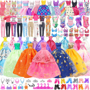 ZITA ELEMENT 101 Pcs Doll Clothes and Accessories Ramdom Style Gift Box Package  5 Wedding Gowns 2 Fashion Dresses 2 Casual Outfit 2 Swimsuits 67 Accessories for 11.5 inch Doll Clothes for Age 3-10