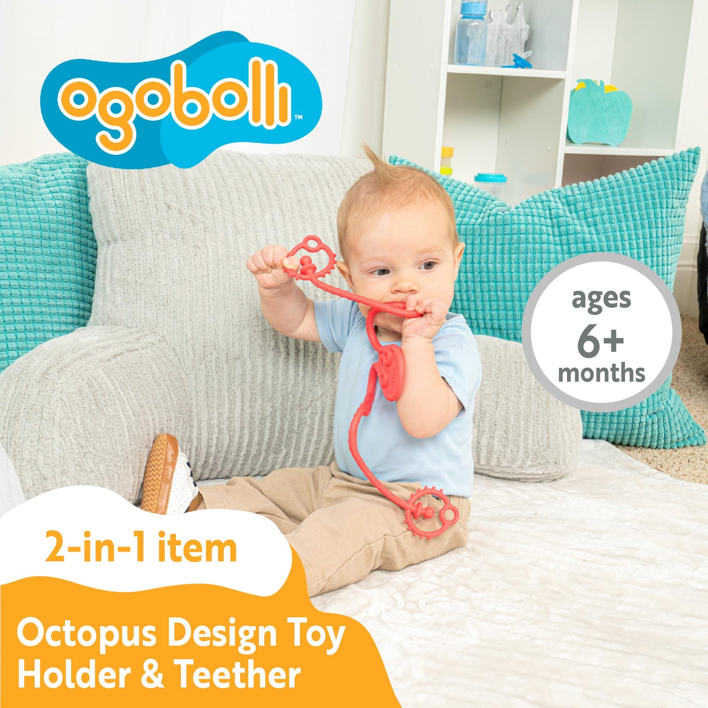 OgoBolli Stretchi Tether Toy Holder and Teether for Babies & Toddlers - Stretchy, Squishy, Soft, Non-Toxic Silicone - Boys and G