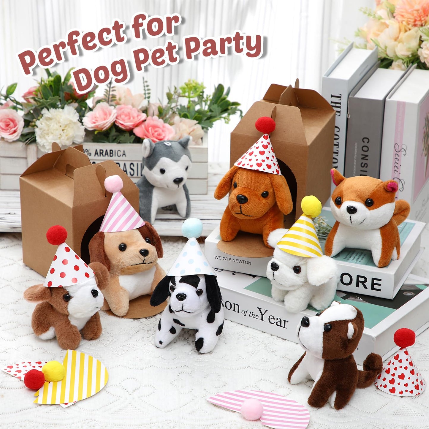 Motionchic 20 Pcs Mini Plush Toy Stuffed Animals Stuffed dogs Set with 20 Birthday Hats 20 Kraft Paper Boxes Adopt Pet Gift for mature-themed Animal Theme Birthday Party(Cute)