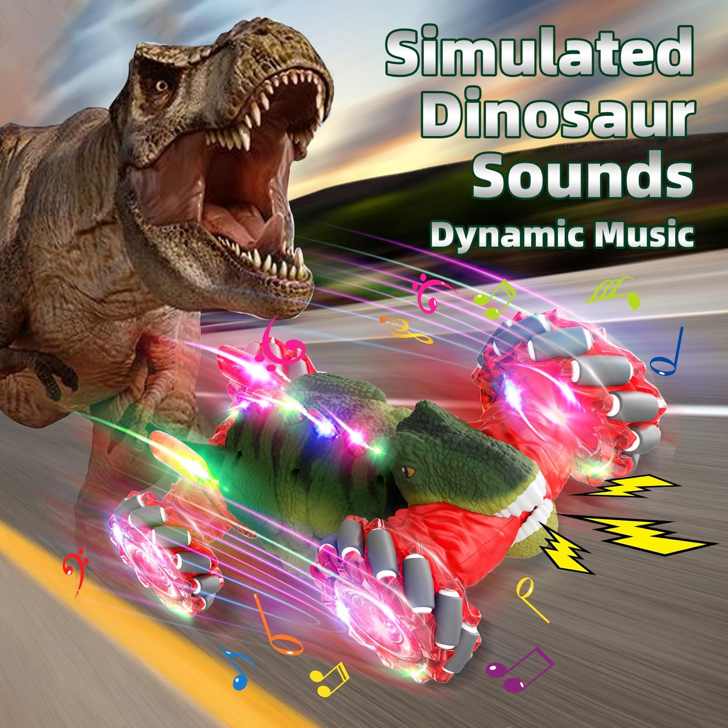 Terucle Dinosaur Remote Control Car, 2.4Ghz 4WD RC Cars with Dinosaur Sounds & Light Music, Gravity Gesture Sensing Remote Contr