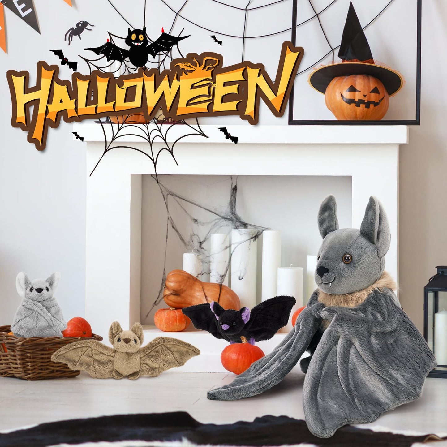 Tezituor Goth Bat Stuffed Animals Set - 32" Gray Plush Toy with 3 Cute Babies, Perfect for Halloween & Christmas Gifts