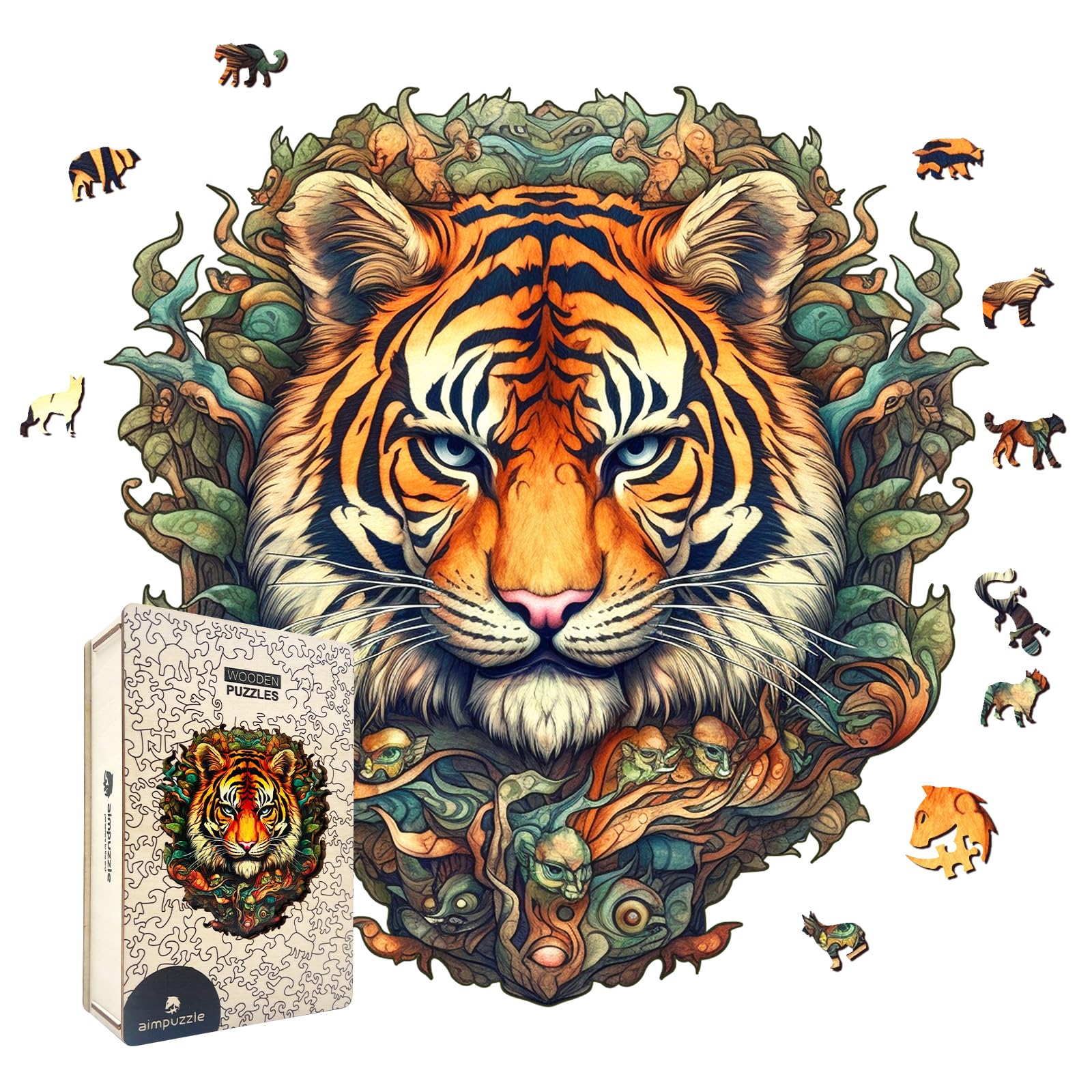Wooden Puzzles For Adults, Jungle Tiger Unique Shaped Wooden Jigsaw Puzzle, Premium Wooden Box Animals Wood Cut Puzzles, Birthda