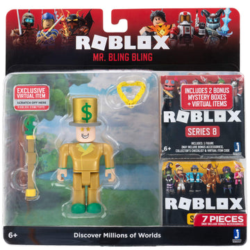 Roblox Action Collection - Mr. Bling Bling + Mystery Figures Bundle, 6.88x4.88x3.5", Plastic, Model ROB0349, Includes 3 Virtual Items