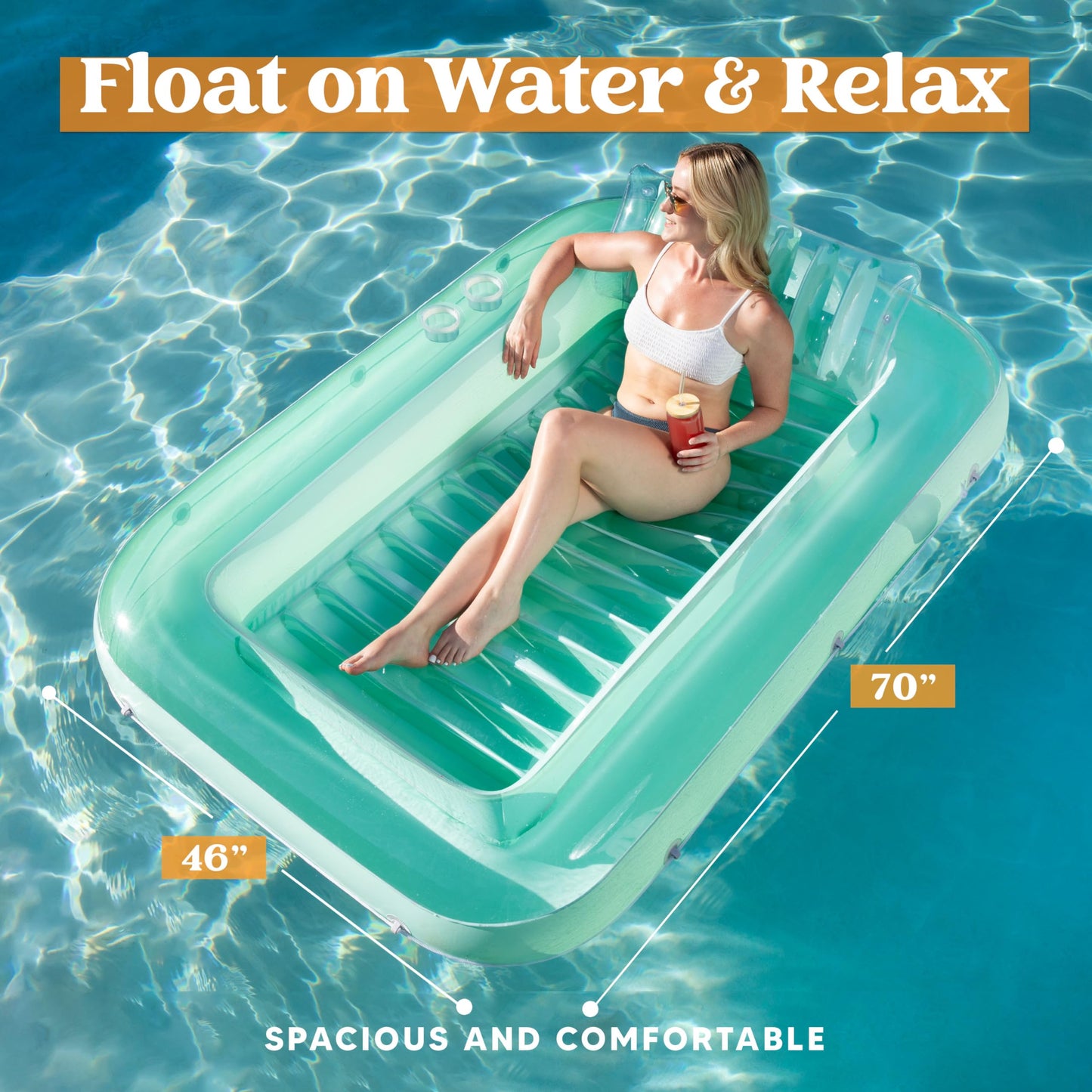 Sloosh Inflatable Tanning Pool Lounge Float  70 x 46 Suntan Tub Raft Floatie  Tanning Pool with Pillow  Personal Pool Lounger for mature-themed Summer Water Party  L-Cyan