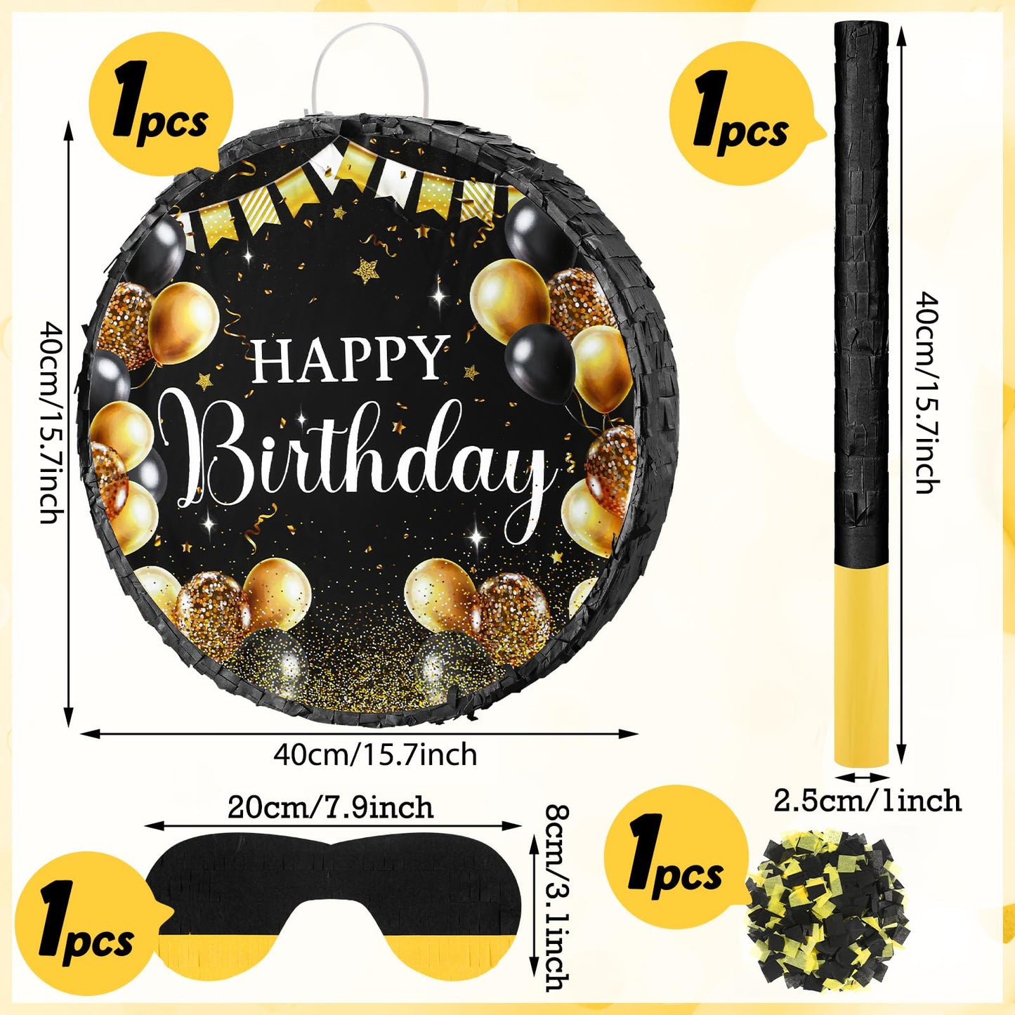 Sinmoe Birthday Piata with Stick Blindfold and Confetti for Boys Girls Men Women Birthday Party Supplies(Black and Gold)