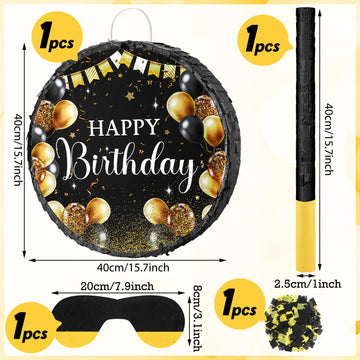 Sinmoe Birthday Piata with Stick Blindfold and Confetti for Boys Girls Men Women Birthday Party Supplies(Black and Gold)