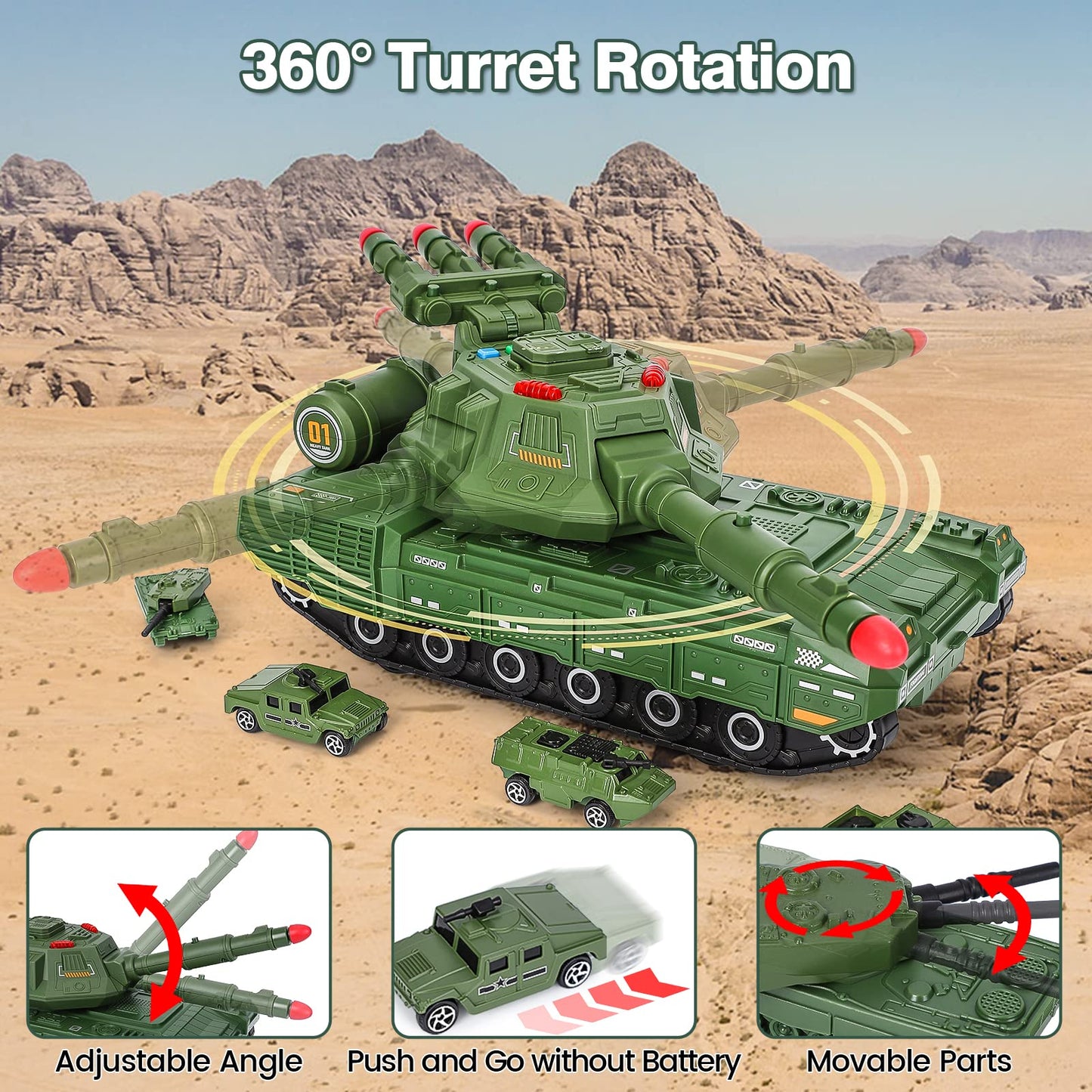 Tank Toys for 3 4 5 6 7 8 Year Old Boys - Army Toys Tank with 6PCS Alloy Die-Cast Army Vehicles, Kids Military Tank with Light,