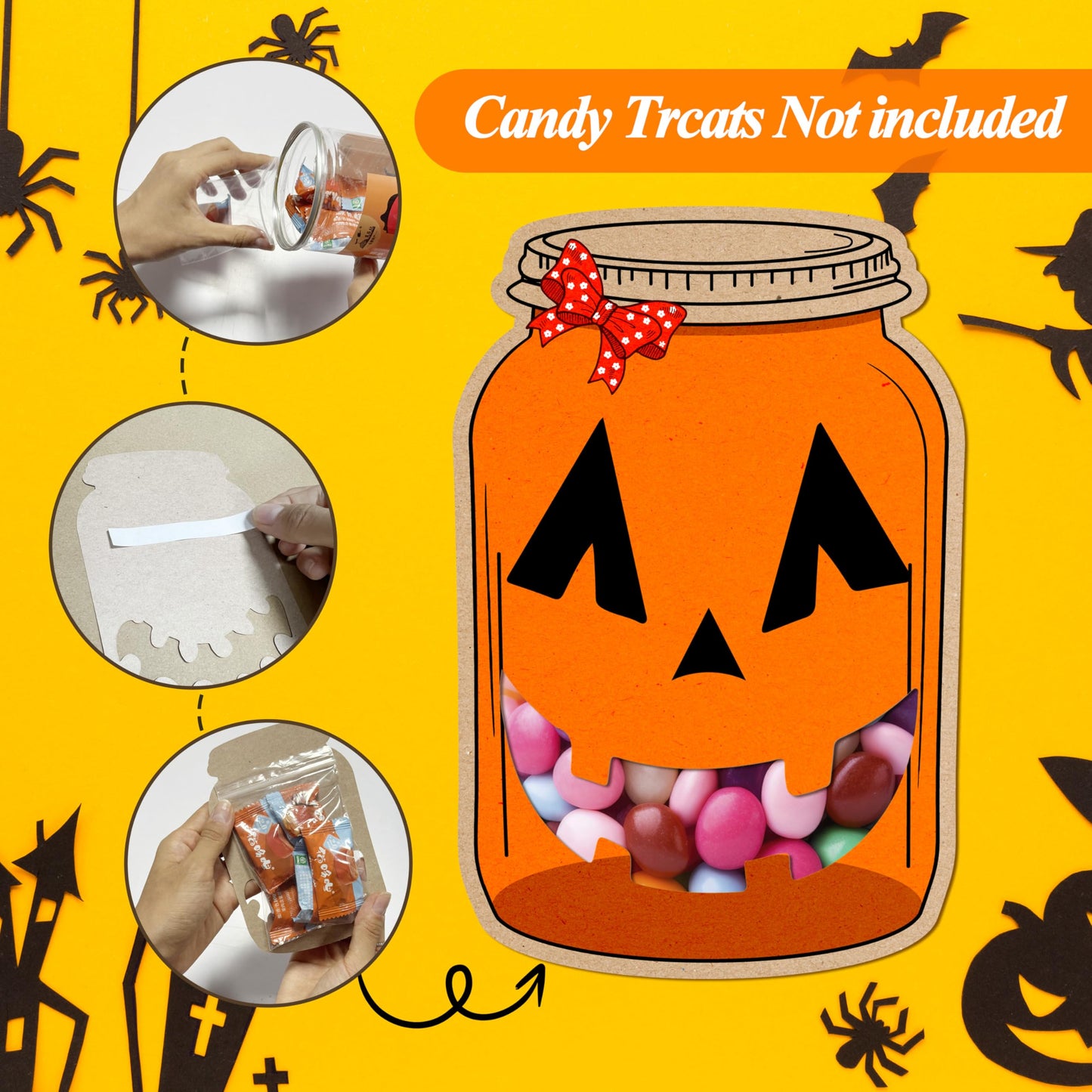 50 Pack Halloween Mason Jar Candy Cards for Kids Classroom - School DIY Trick or Treat Bags, Halloween Candy Cards with Clear Ba