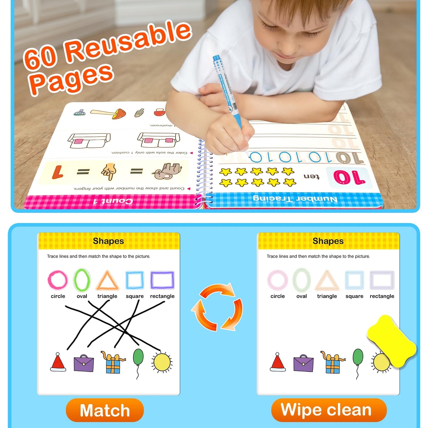 Hulupiggy Preschool Learning Activities 60 Reusable Pages, Number Tracing Addition Subtraction Math Practice Kindergarten Workbo