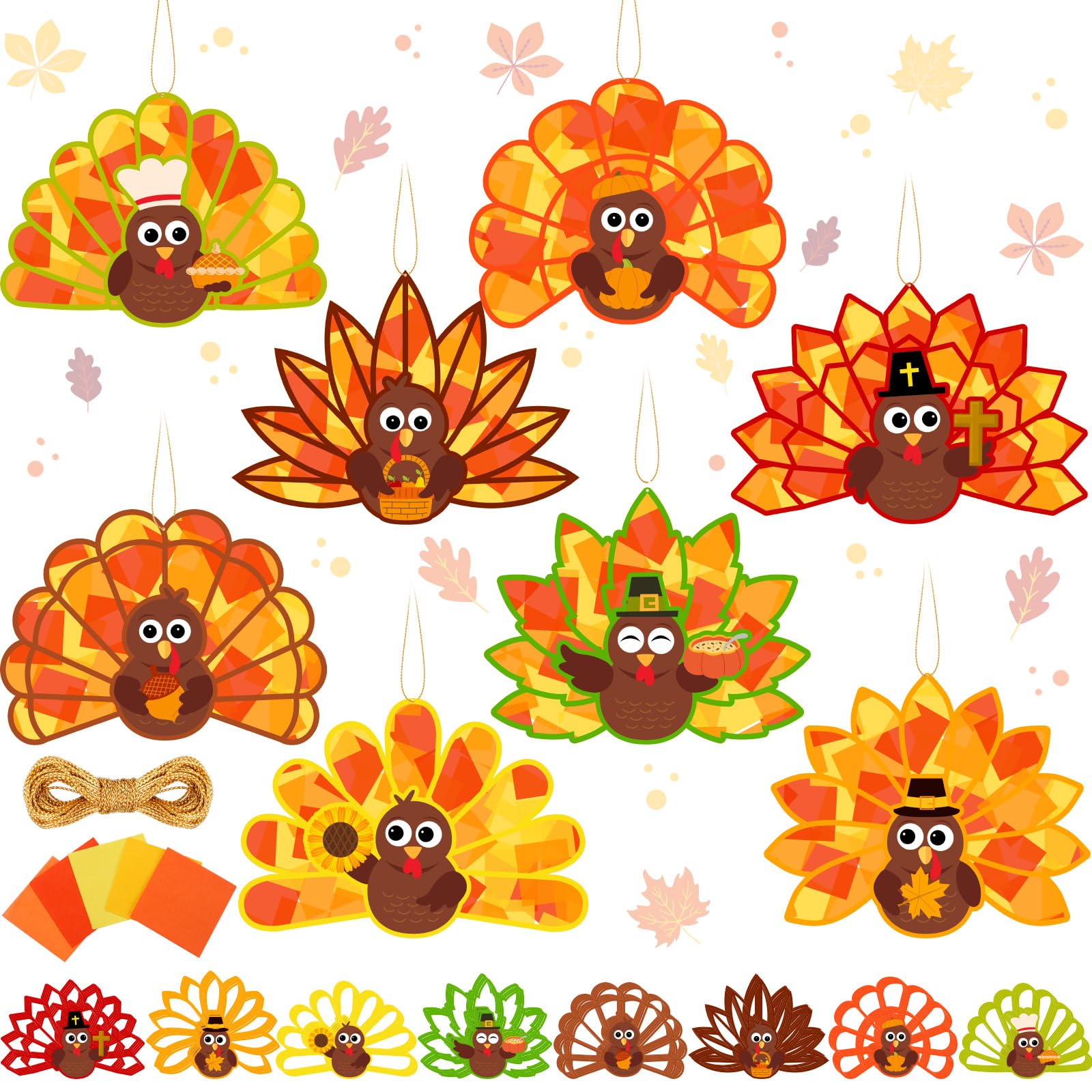 DoubleFill 48 Pcs Thanksgiving Turkey Suncatchers Craft Kit DIY Paper Tissue Crafts Window Stained Glass Effect Turkey Arts Proj