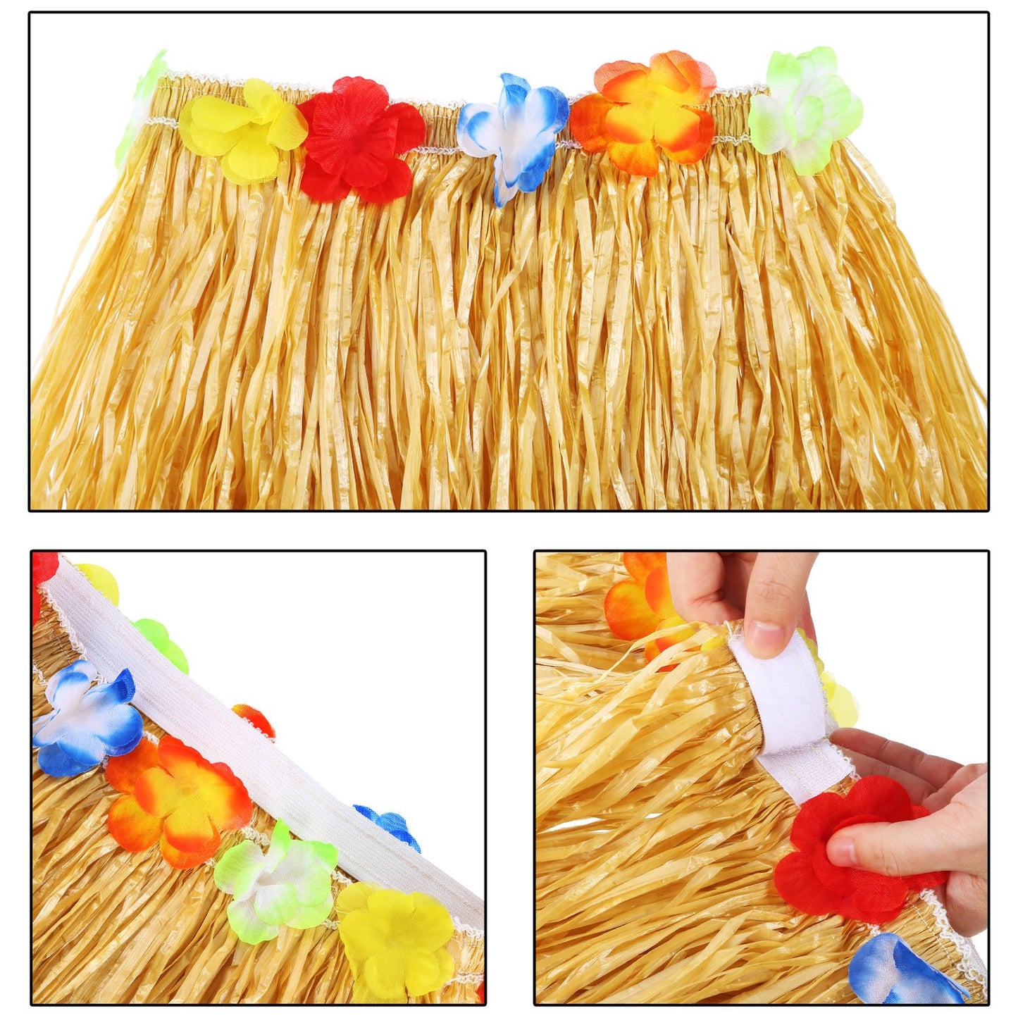 Gejoy 3 Set Grass Skirts for Kids Girls Elastic Hawaiian Hula Dancer Grass Skirt with Flower Leis for Luau Party Costume Set