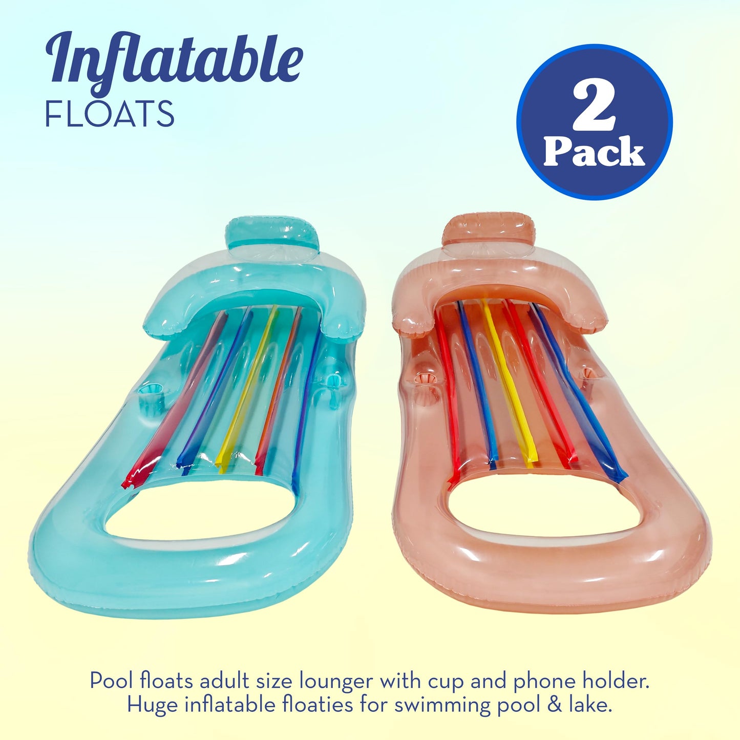 Pool Floats mature-themed Size Lounger with Cup Holder (2 Pack) Inflatable Floats for Swimming Pool Heavy Duty Lounger Floating Recliner Blow Up Floaties Water Floaty Lake Beach Tanning Float