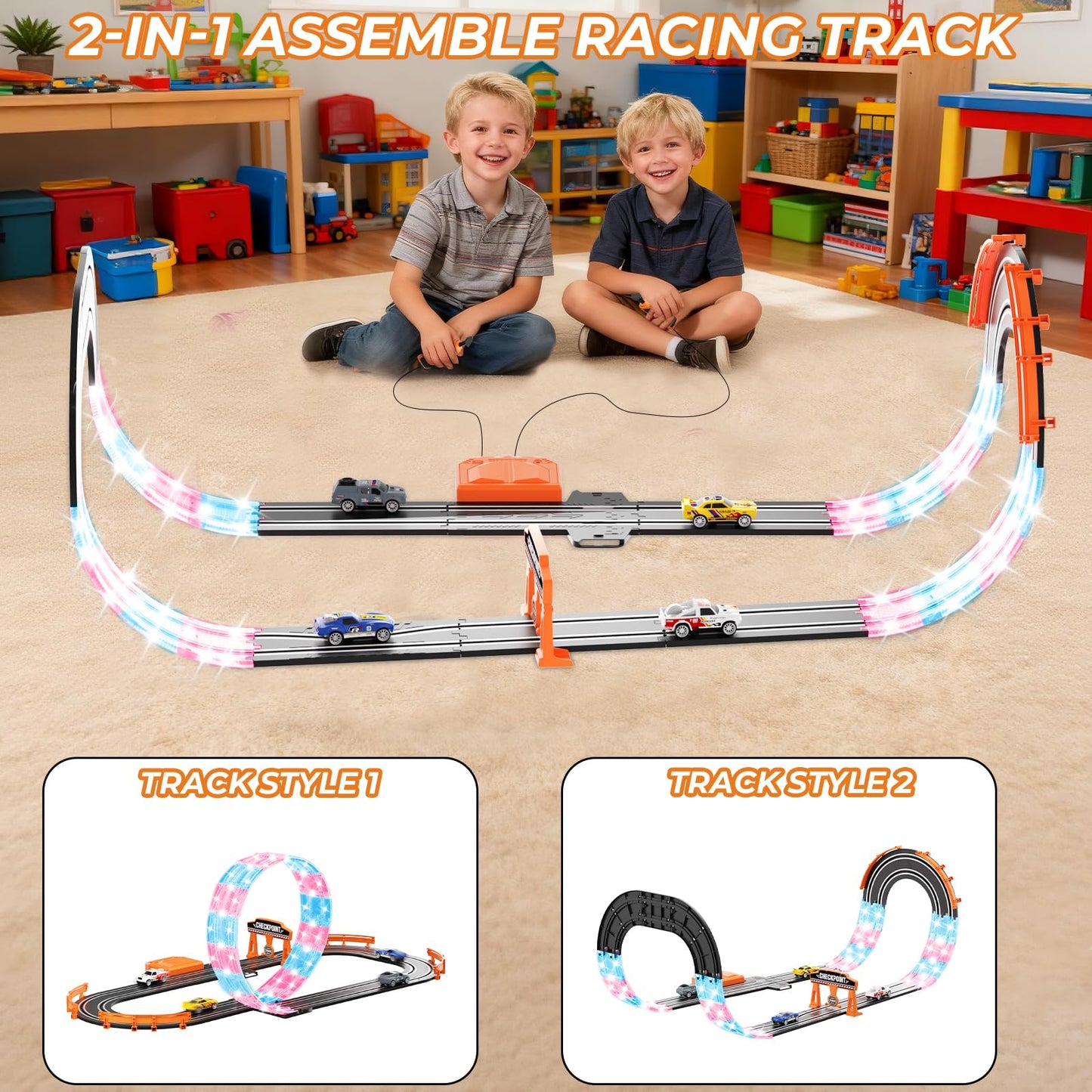 2-in-1 Slot Car Race Track Sets - Electric Race Car Track with 2 High-Speed Racing Cars  Dual Racing Game Lap Counter Circular Overpass Tracks  Remote Control Cars Toys/Gift for Boys Kids Ages 8-12