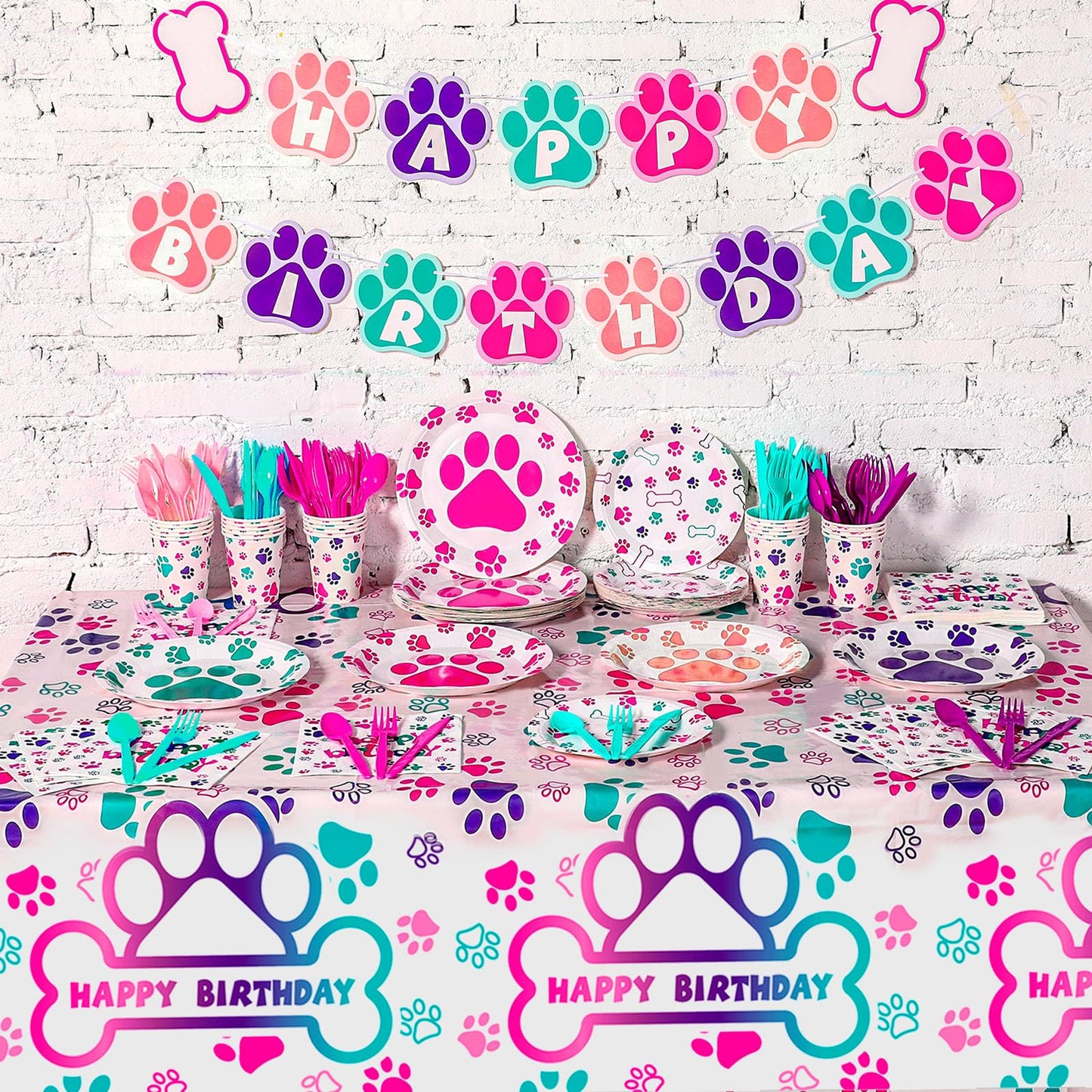 Gejoy 171 Pcs Dog Birthday Party Supplies Dog Party Decorations Dog Paw Plates Banner Tablecloths Napkins Cups Knives Forks Spoo