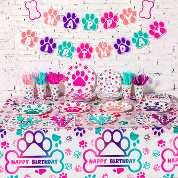 Gejoy 171 Pcs Dog Birthday Party Supplies Dog Party Decorations Dog Paw Plates Banner Tablecloths Napkins Cups Knives Forks Spoo